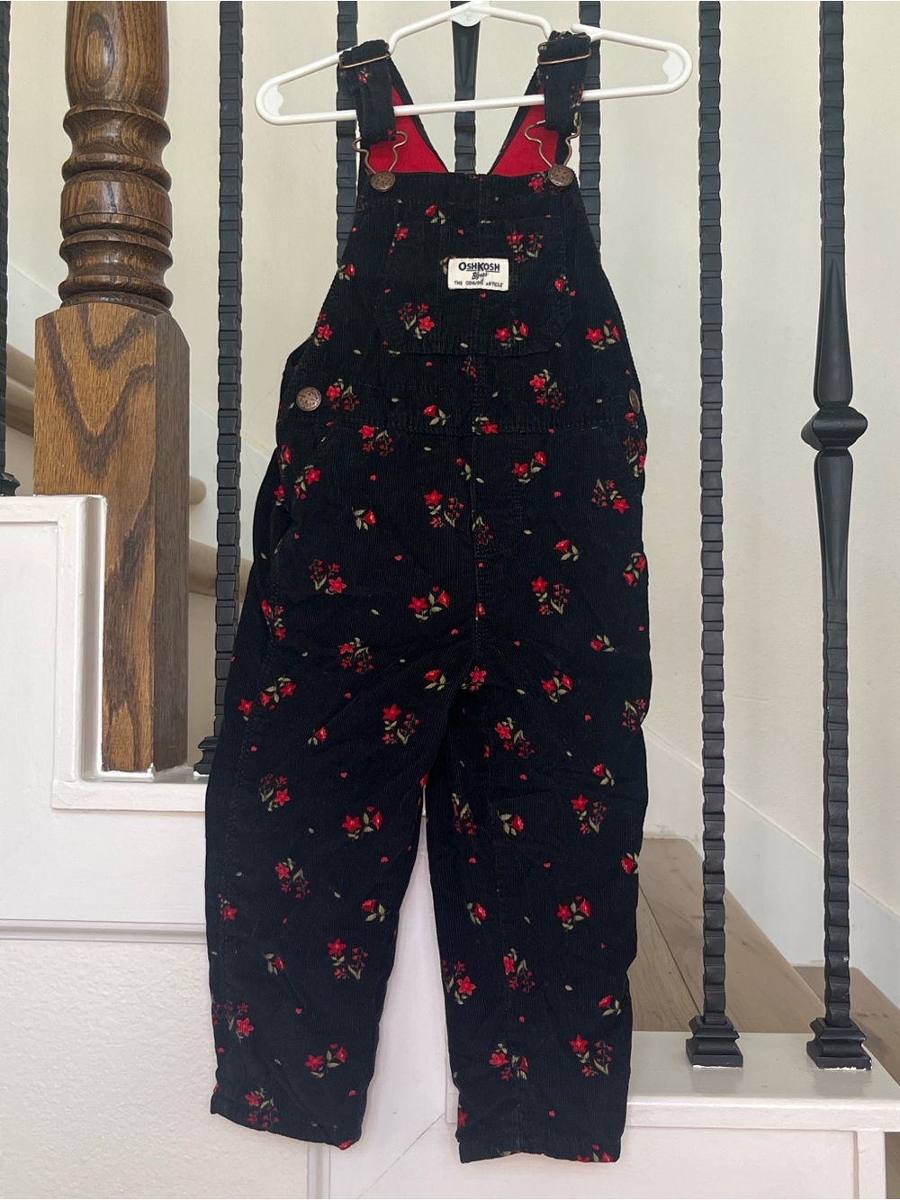 OshKosh B'gosh Toddler Girls Black Red Floral Corduroy Flannel Overalls Fall